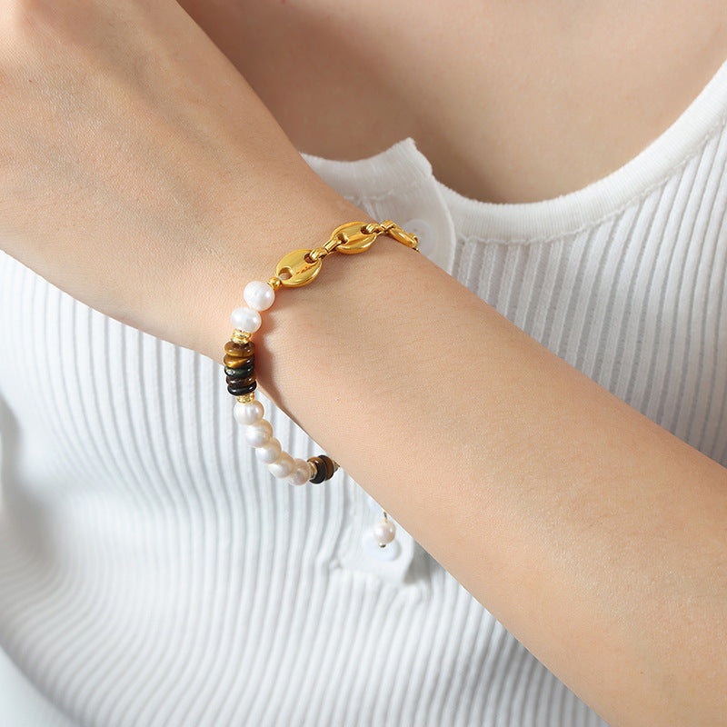 Bracelet Perle d'Eau Douce Œil-de-Tigre Doré | Boutique84