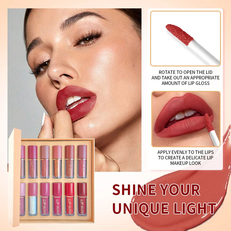 12 nude lipsticks with glossy, matt finishes -- long-held, metallic and pearly lipstick, with glinting, glitter highlights -- ideal for a Valentine's Day gift.
