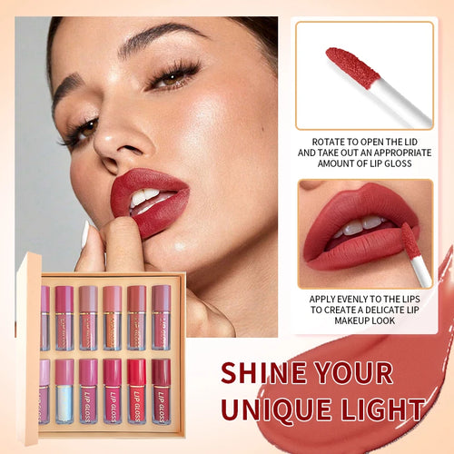 12 nude lipsticks with glossy, matt finishes -- long-held, metallic and pearly lipstick, with glinting, glitter highlights -- ideal for a Valentine's Day gift.