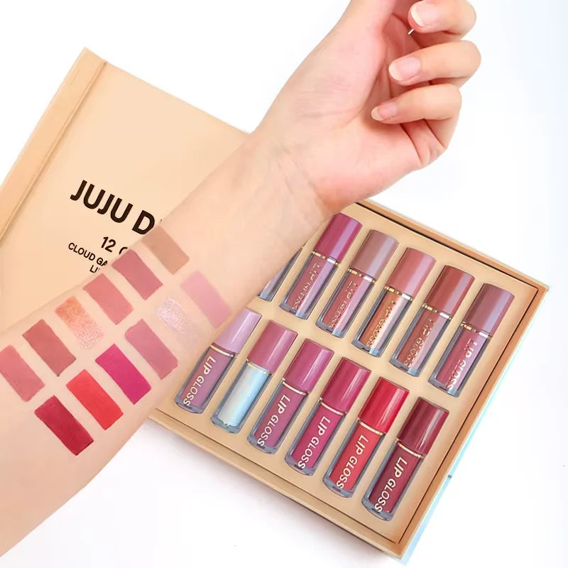 12 nude lipsticks with glossy, matt finishes -- long-held, metallic and pearly lipstick, with glinting, glitter highlights -- ideal for a Valentine's Day gift.