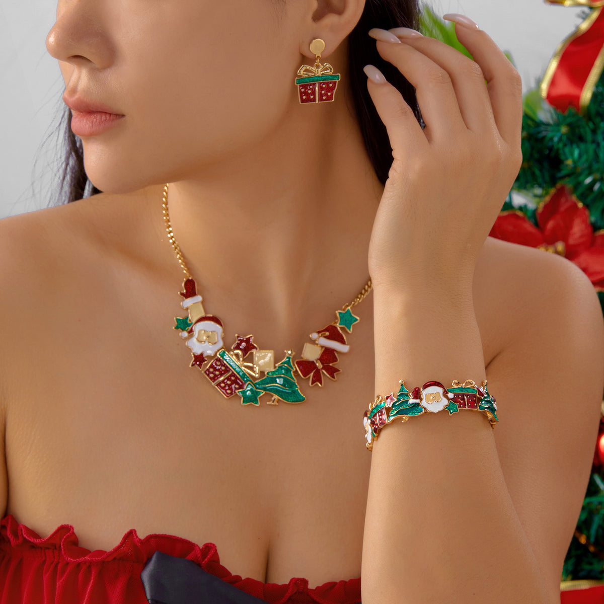 Style Christmas Necklace Gift Set, Santa Claus &amp; Christmas Tree Pendant, Cute Cartoon Holiday Jewelry, Neck and Wrist Accessories