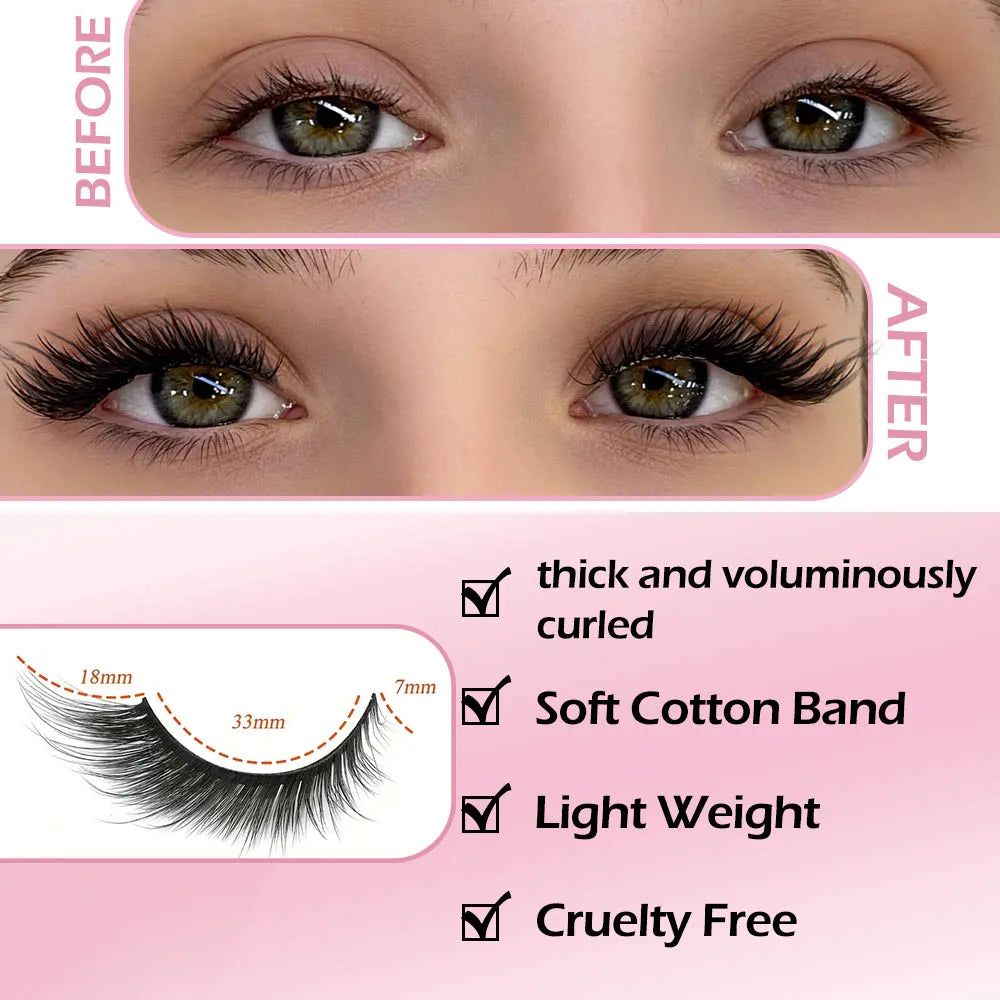 Fake eyelashes cat eye effect, thick and voluminous eyelashes, soft and comfortable for beginners, vapy curvature for an intense look, suitable for Carnival and for daily use, washable.