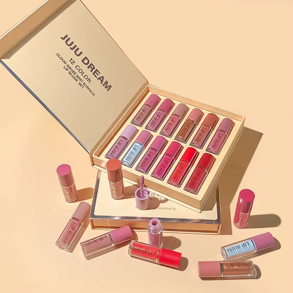 12 nude lipsticks with glossy, matt finishes -- long-held, metallic and pearly lipstick, with glinting, glitter highlights -- ideal for a Valentine's Day gift.
