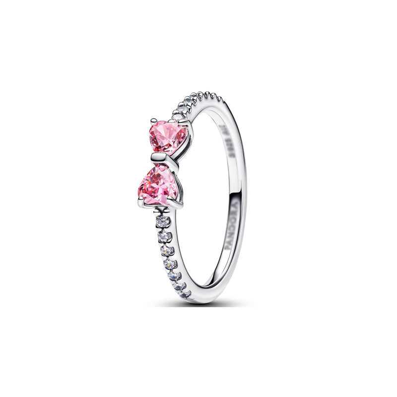 Panda Dora S925 Silver Ring with Pav&eacute; Set Sparkling Starlight Bow, Fashionable Elegant Women's Ring, Cuban Chain Pair Ring