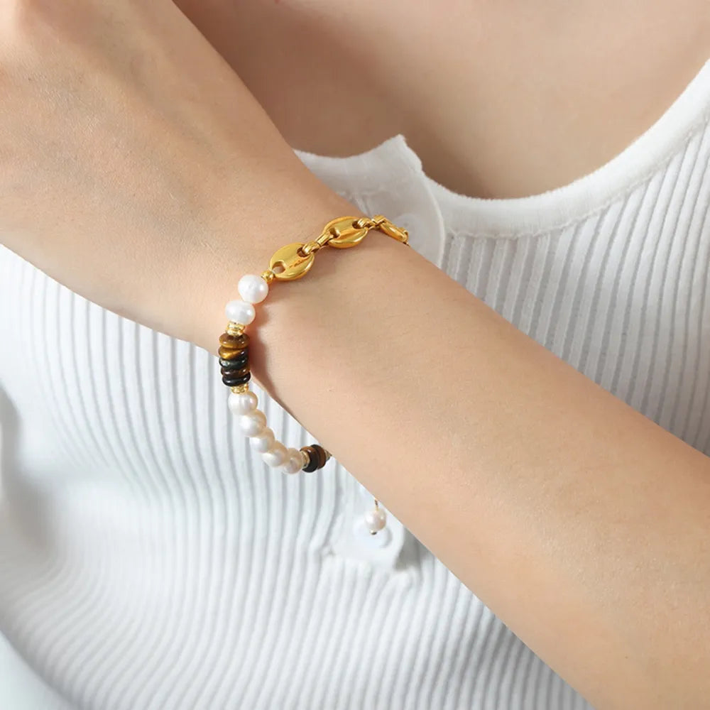 Bracelet Perle d'Eau Douce Œil-de-Tigre Doré | Boutique84