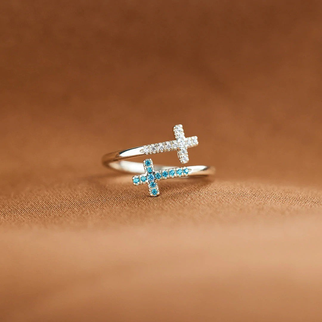Bague Croix Zircon Bleu Blanc Réglable Femme | Boutique84