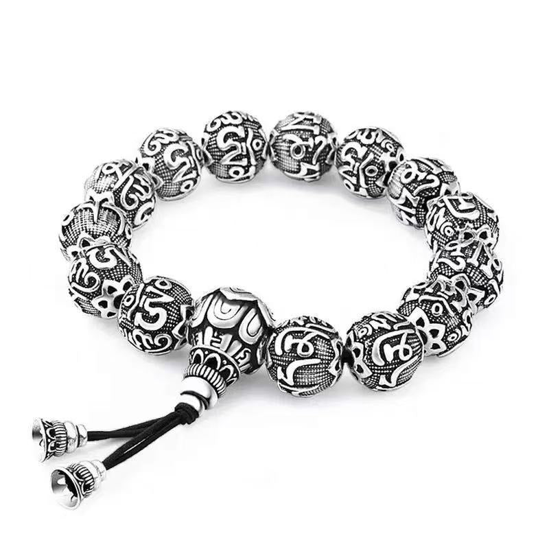 Ethnic Style Literary Buddhist Bead Men's Bracelet with Six-Syllable Mantra, Vintage Unique Design, Yunnan Snowflake Heart Sutra Beaded Bracelet