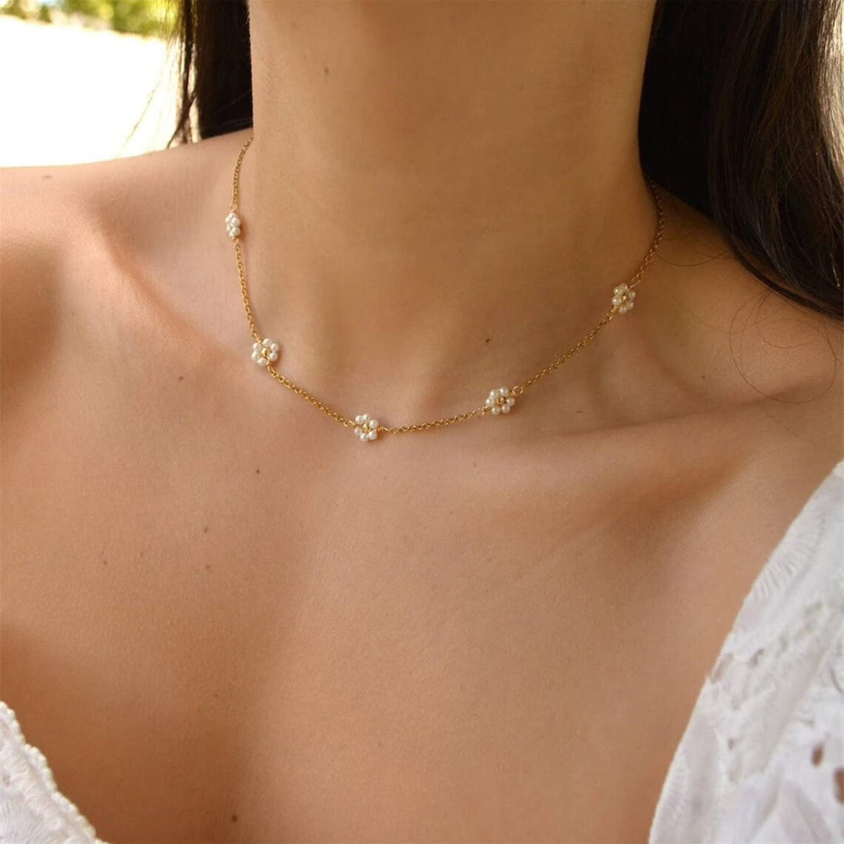 Collier Sautoir Fleurs Perles Plaqué Or 14K | Boutique84