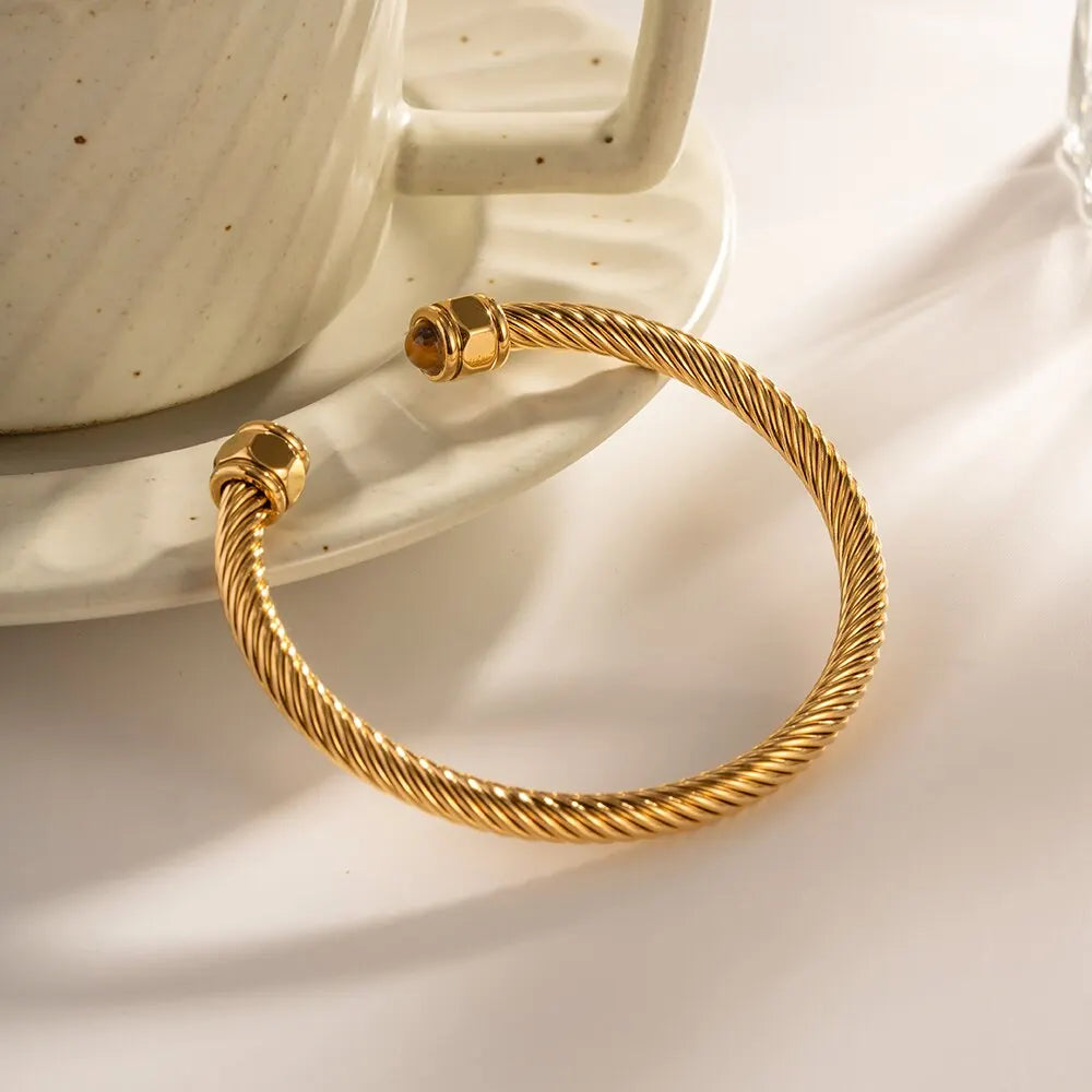 Stainless Steel Natural Stone Metal Texture Twisted Thread Bracelet 18k Gold Plated Tarnish Proof Women Jewelry Gift
