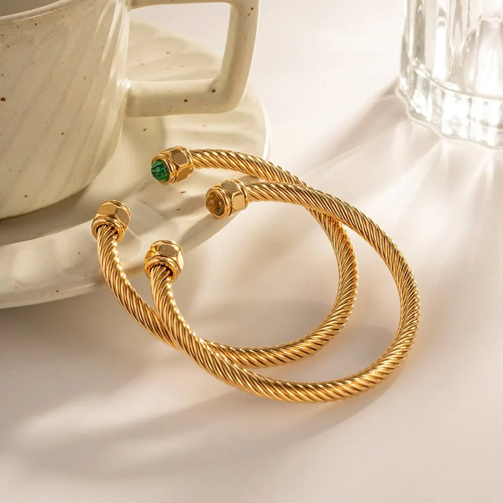 Stainless Steel Natural Stone Metal Texture Twisted Thread Bracelet 18k Gold Plated Tarnish Proof Women Jewelry Gift
