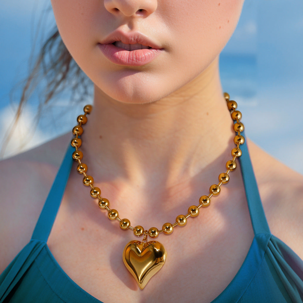 Collier Chaîne Billes Pendentif Cœur Plaqué Or 18K | Boutique84