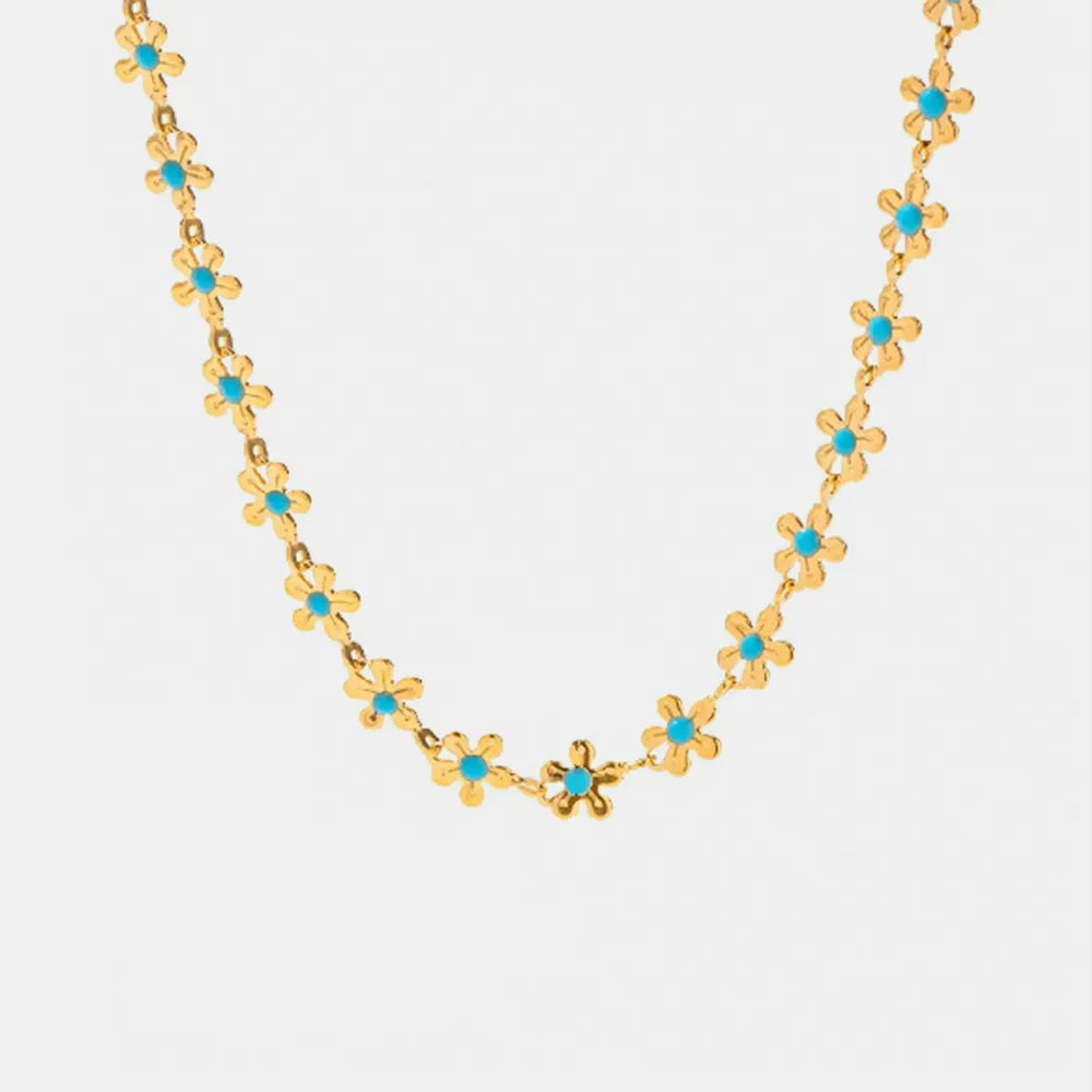 Collier Fleur Émaillée Bleue Acier Titane Doré | Boutique84