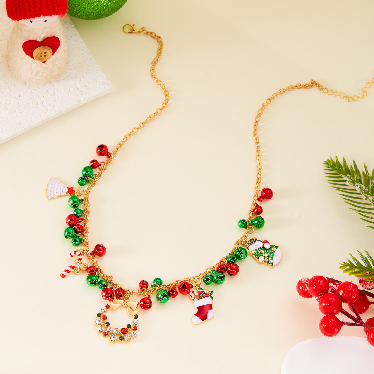 Christmas-themed Necklace for Women, Santa Claus Wreath Rhinestone Pendant, Christmas Bell and Tree Sweater Chain