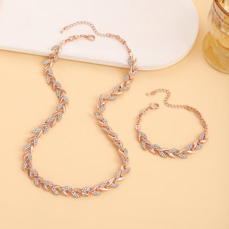 Fashionable European &amp; American Style Luxury Leaf-Shaped Rhinestone Bracelet and Necklace Set, Sparkling Mermaid Full Rhinestone Party Jewelry for Women