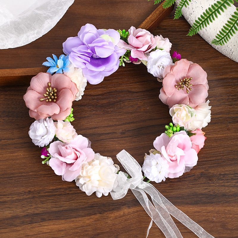 Floral Headband Hair Accessory with Artificial Flowers Wedding Bridal Veil, Photography Studio Beach Vacation Decorative Hairpiece