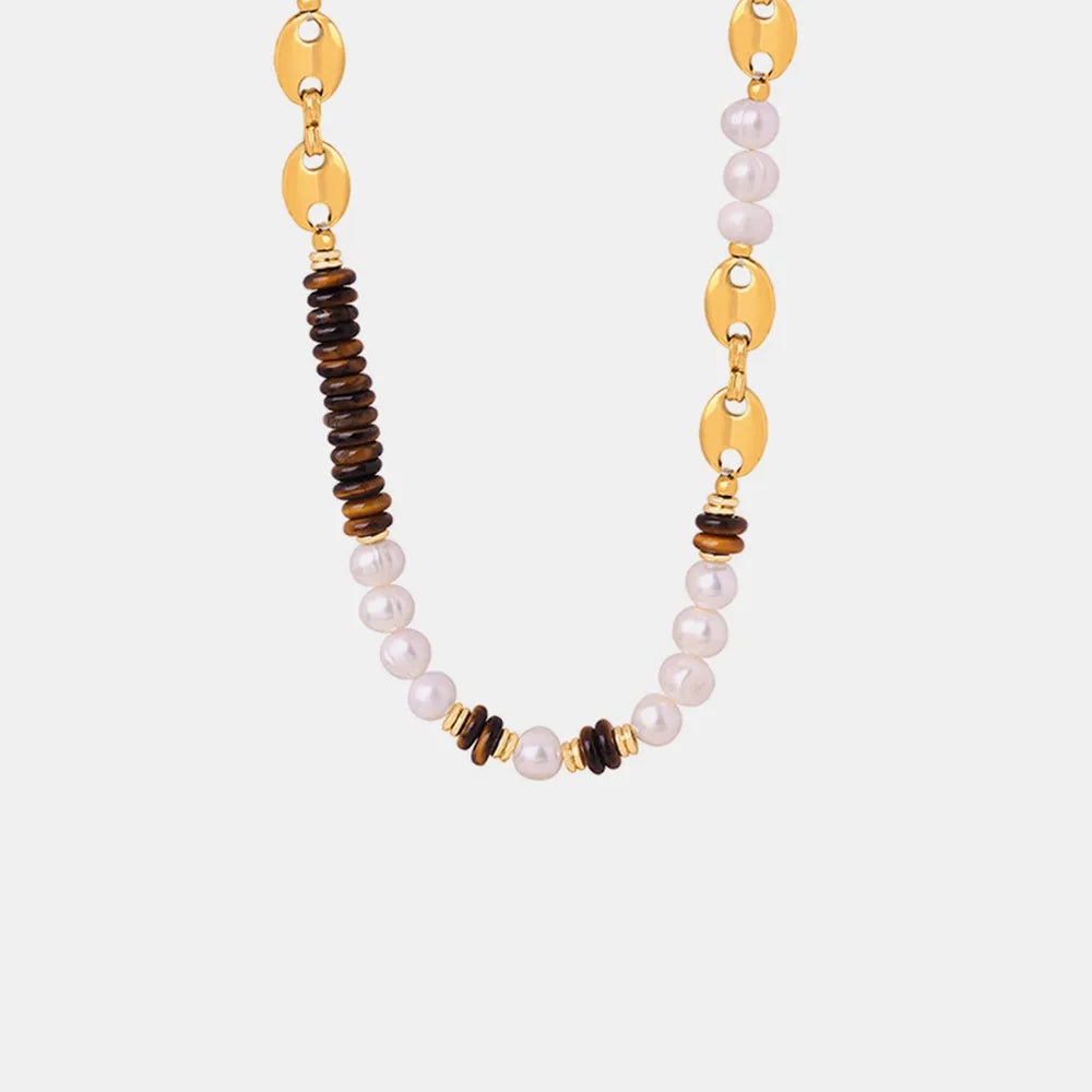 Collier Perle d'Eau Douce Œil-de-Tigre Chaîne Dorée | Boutique84