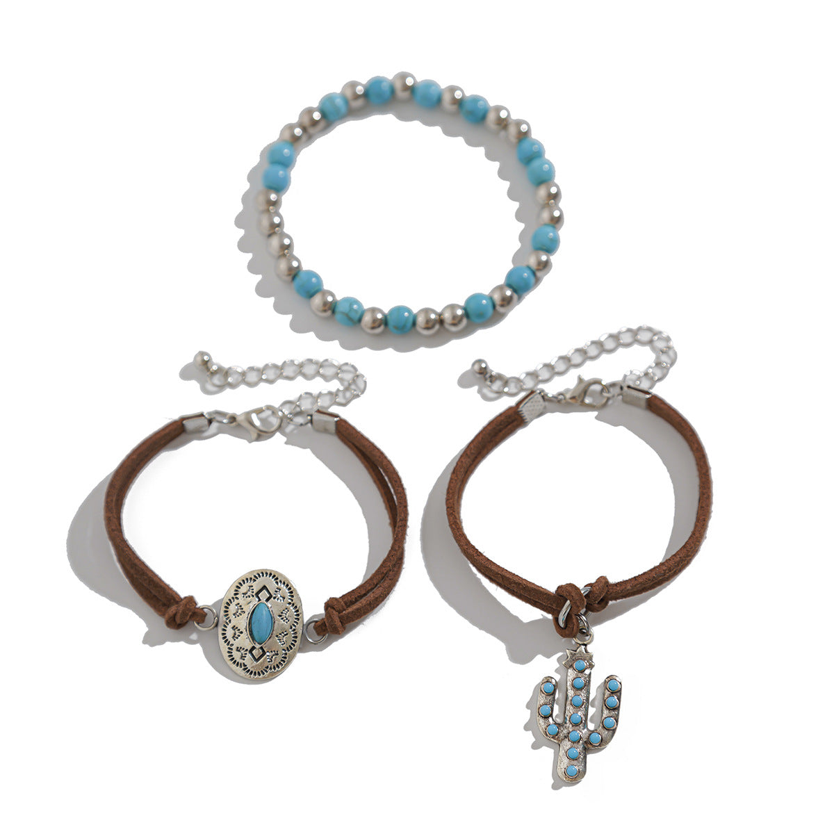 4-piece set of turquoise cowboy hat cross chain bracelet set, personalized multi-element bracelet
