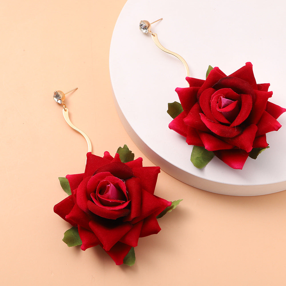 Exaggerated 3D Rose Drop Earrings Bridal Photo Shoot Ear Jewelry Wholesale